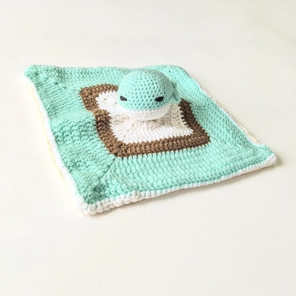 Handmade Matching Crochet Whale Lovey Baby Crib Set in Aqua and Brown-ish/Tan